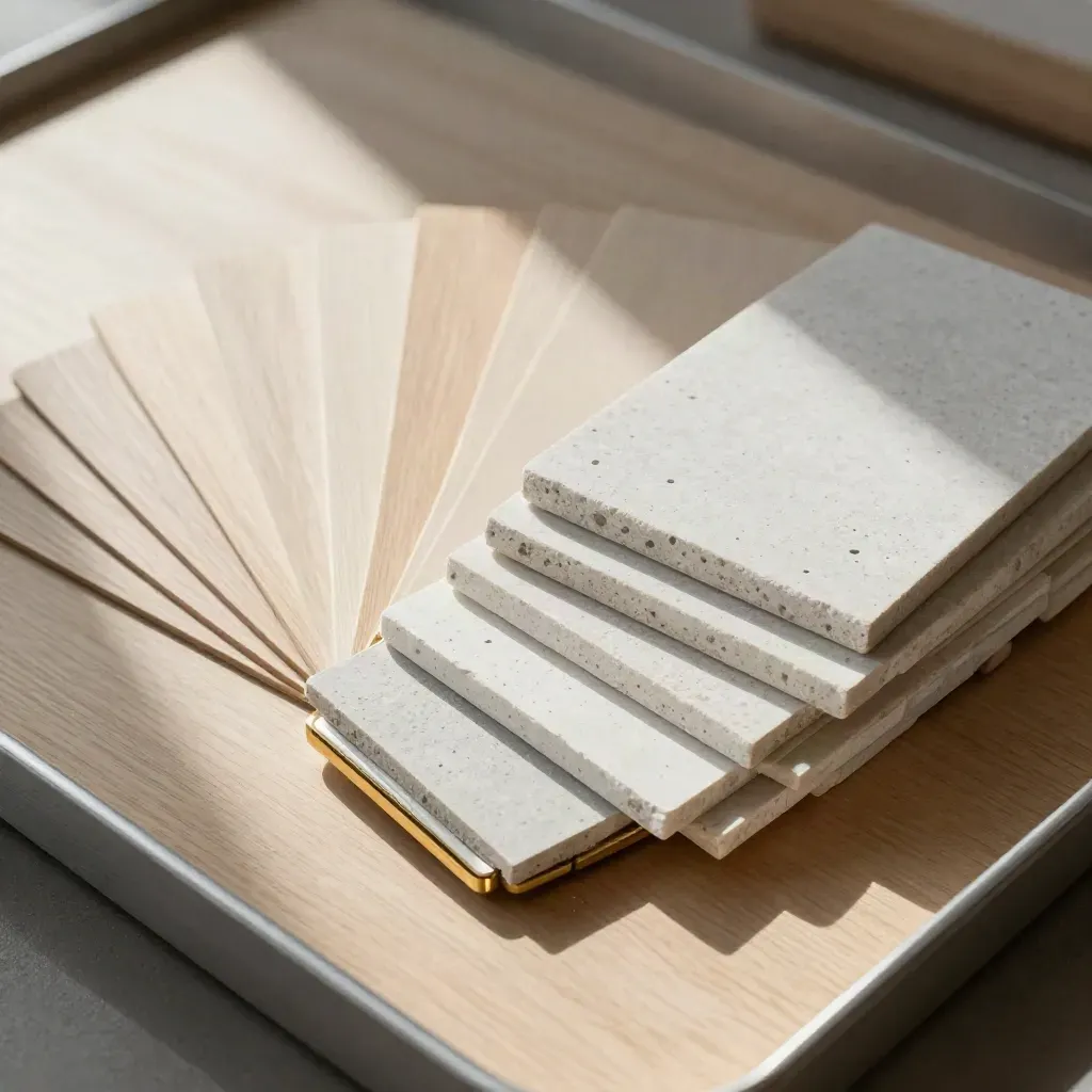 Pale veneer swatches, brass trim and stone samples arranged on warm wood.