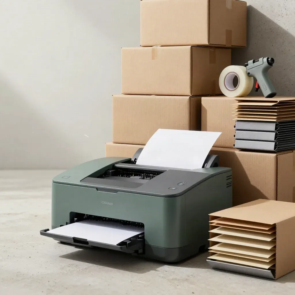Thermal label printer, parcel boxes, tape gun and mailer rolls on pale stone in soft studio light.