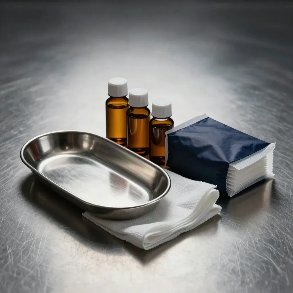 Stainless care kit with gauze, amber bottles, and sterile dressings on steel
