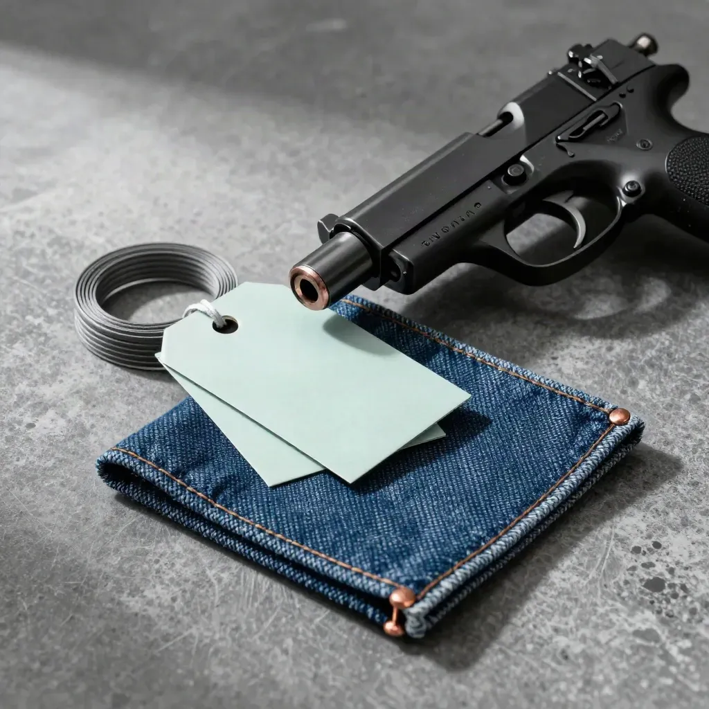 Macro still life of a tagging gun, swing tags, and folded denim samples on stone.