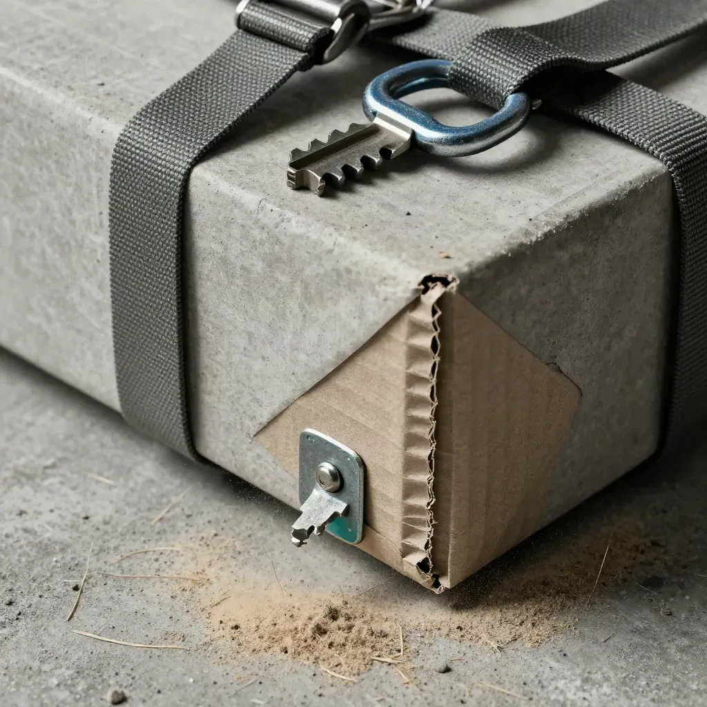 Ratchet strap hardware, cargo seal, and box corner protector on rough concrete.