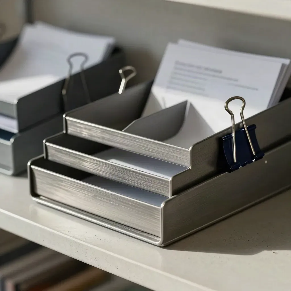 Graphite inbox trays, divider fins and binder clips on a brushed metal shelf