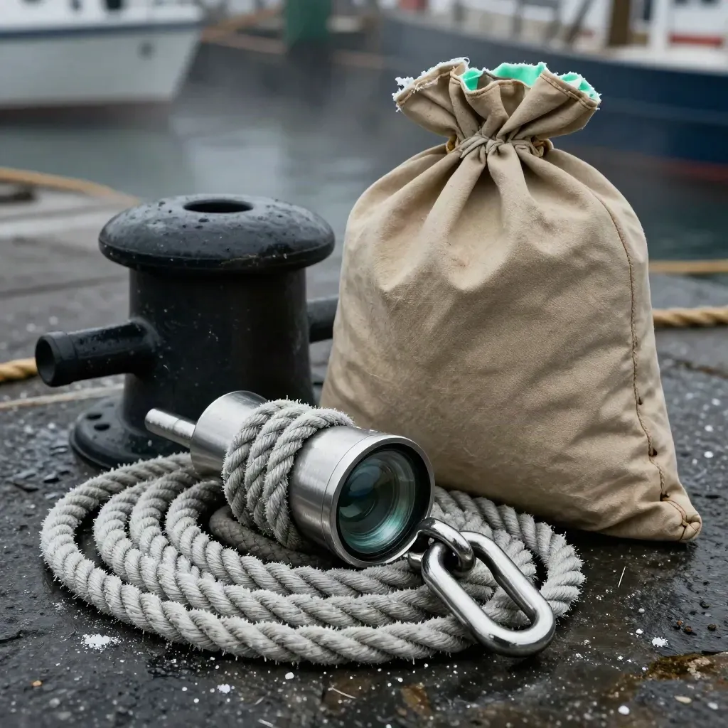 Harbour rope, shackle, fender, and canvas parcel bag on dark stone in dramatic light