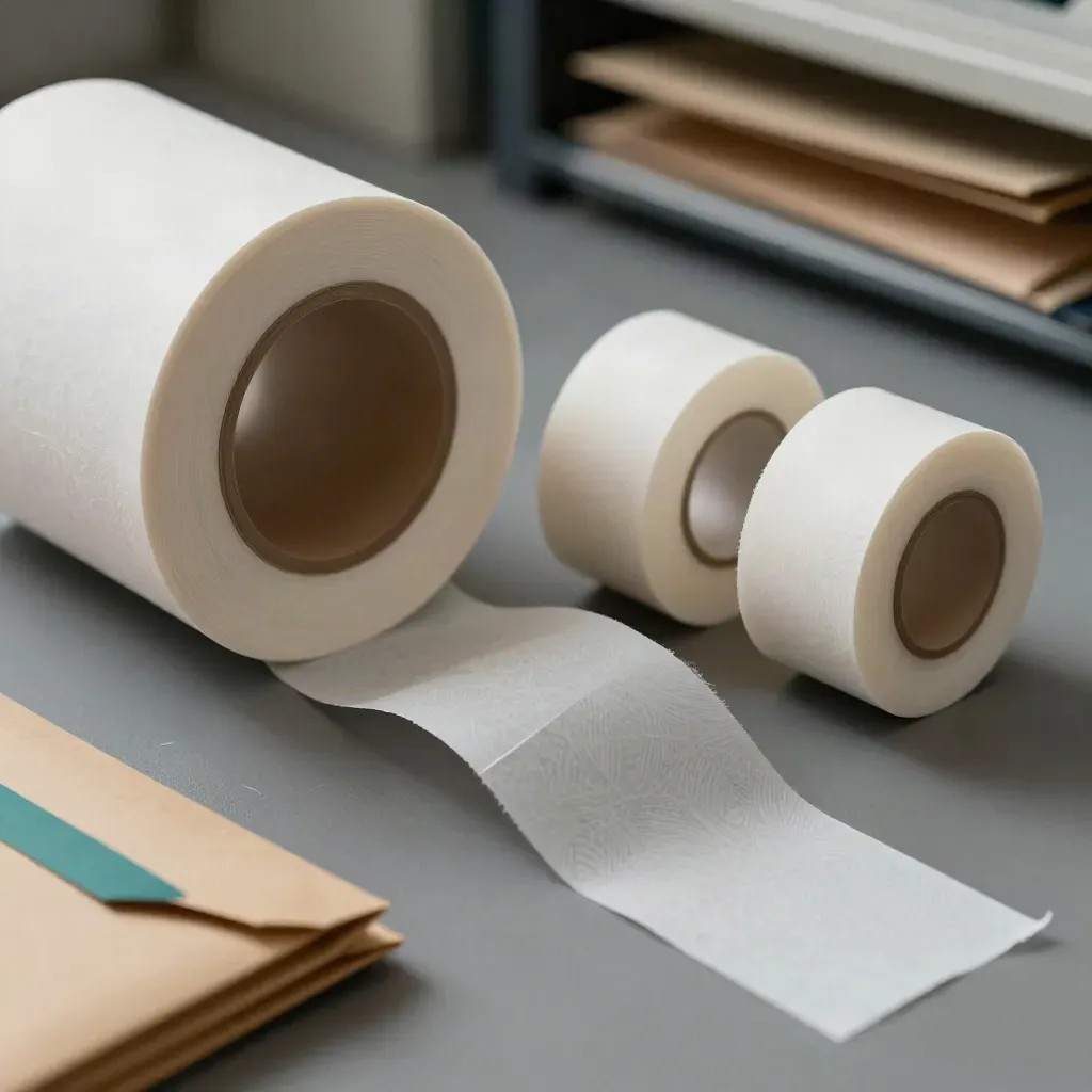 Macro of a thermal label roll, banded envelopes, and spare rolls on a graphite surface.