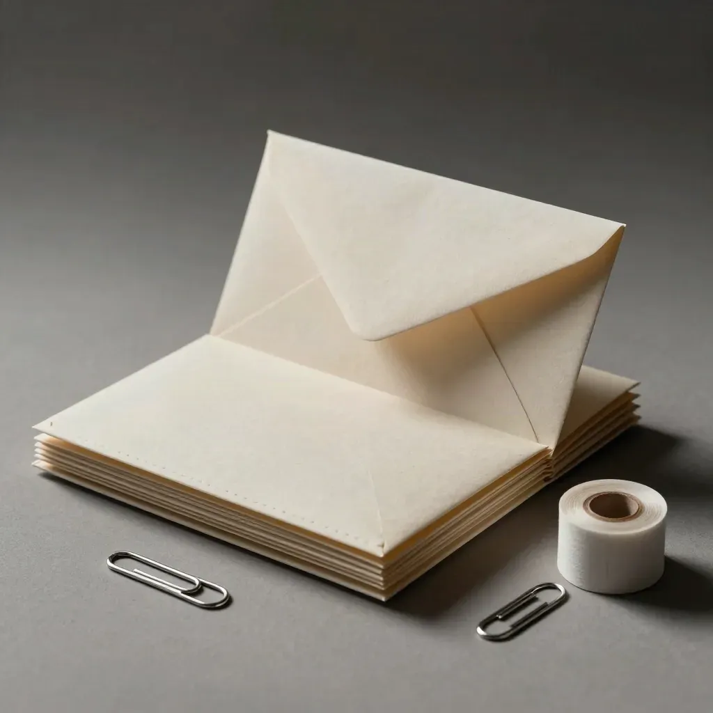 Dispatch wallet, cream envelopes, paper clips and postage roll on matte plaster in dramatic light