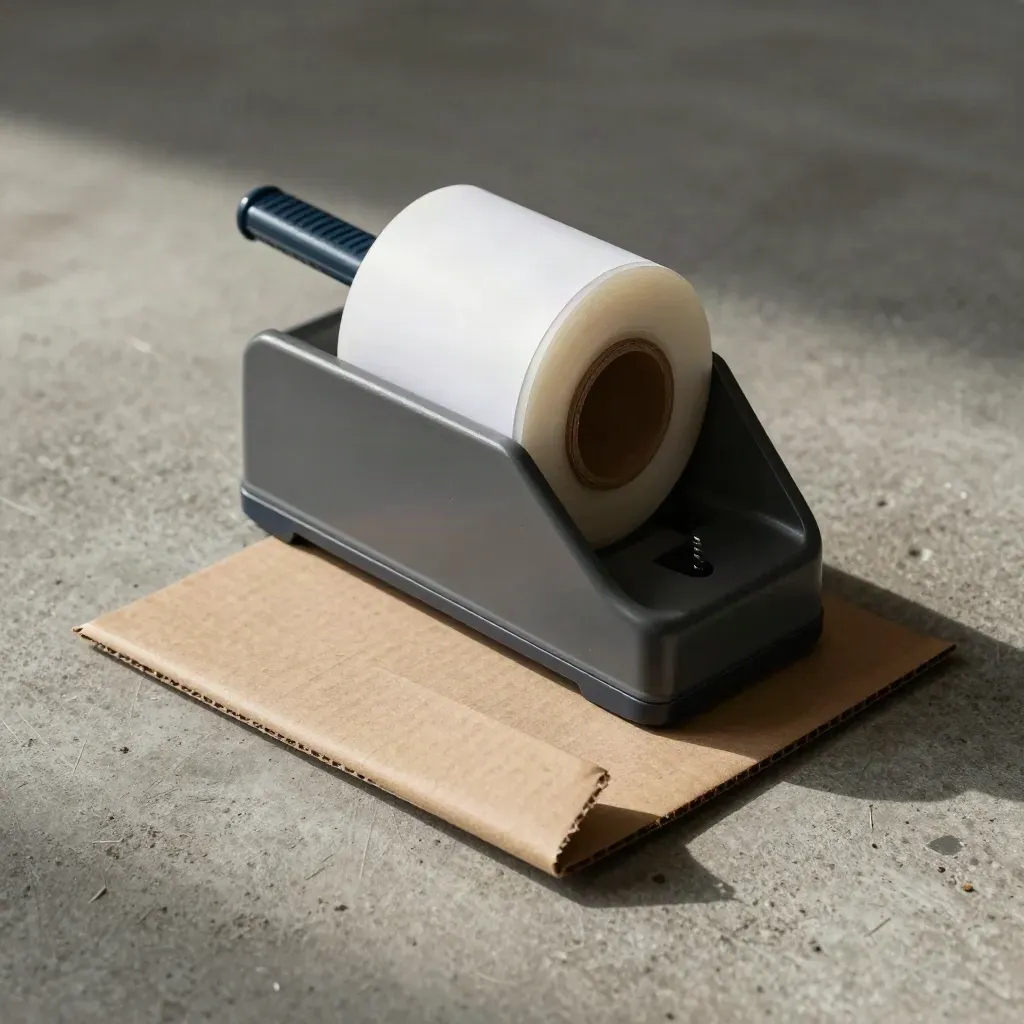 Overhead macro of a tape dispenser, blank label roll and cardboard corner protector on brushed concrete.