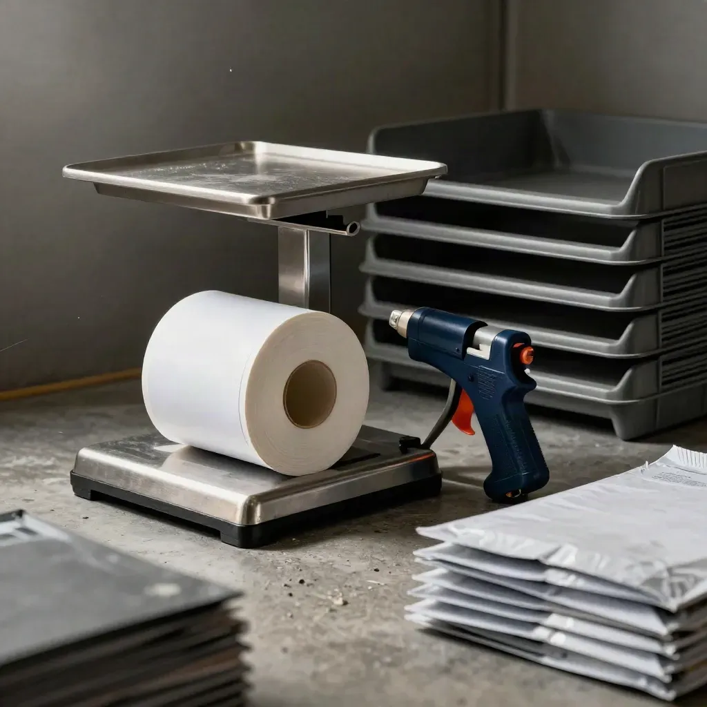 Parcel scale, label roll, tape gun and mail trays seen through blurred poly mailers.