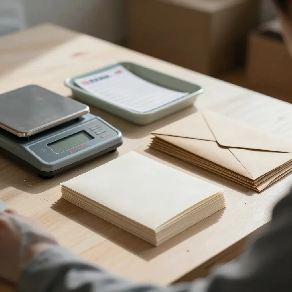 Postage scale, envelopes, stamp pad and packing sleeves on pale wood in dramatic light.