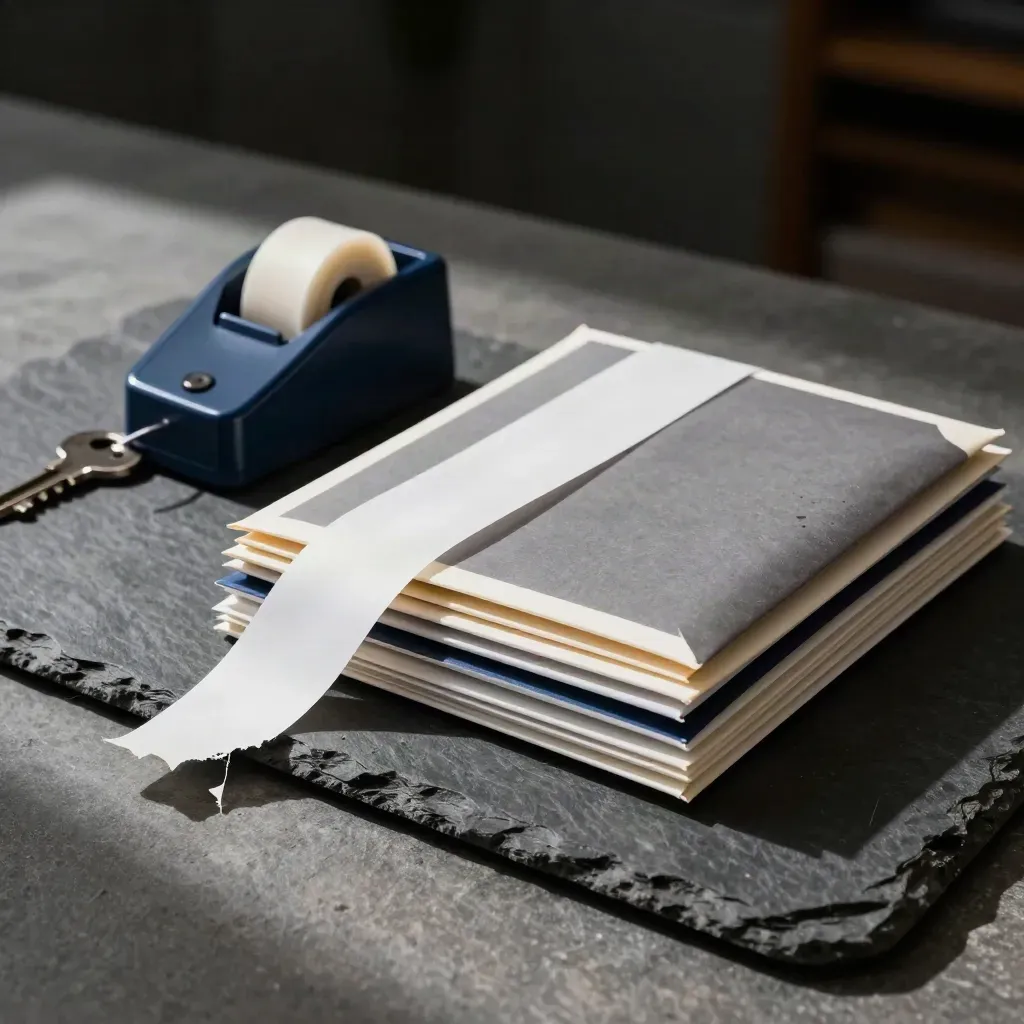 Tape dispenser, mailers, and curling label backing strips on dark stone.