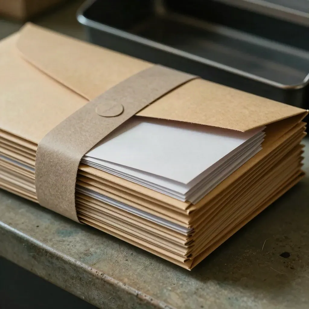 Bundled envelopes, mail tray and folded cards on stone in soft directional light.