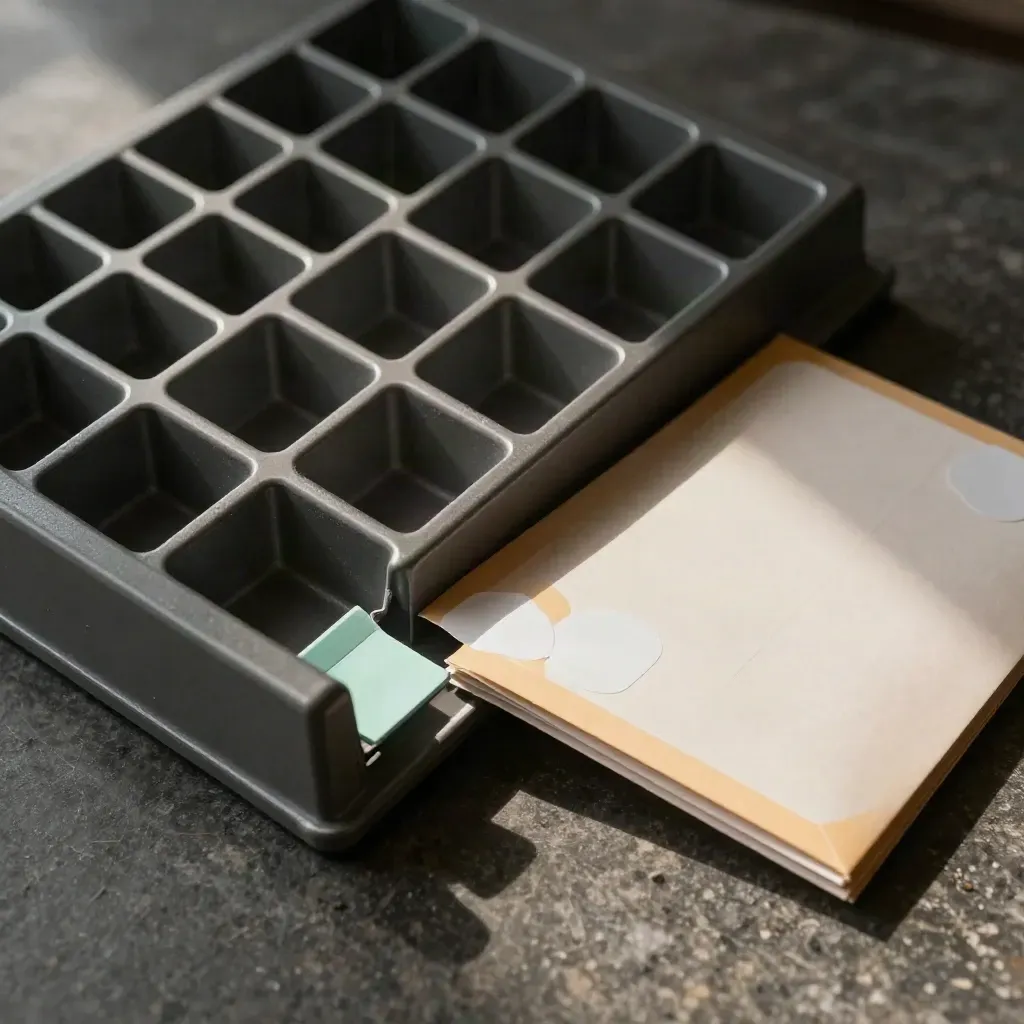 Overhead close-up of a postcode divider tray with turned-over address stickers and forwarding envelopes.