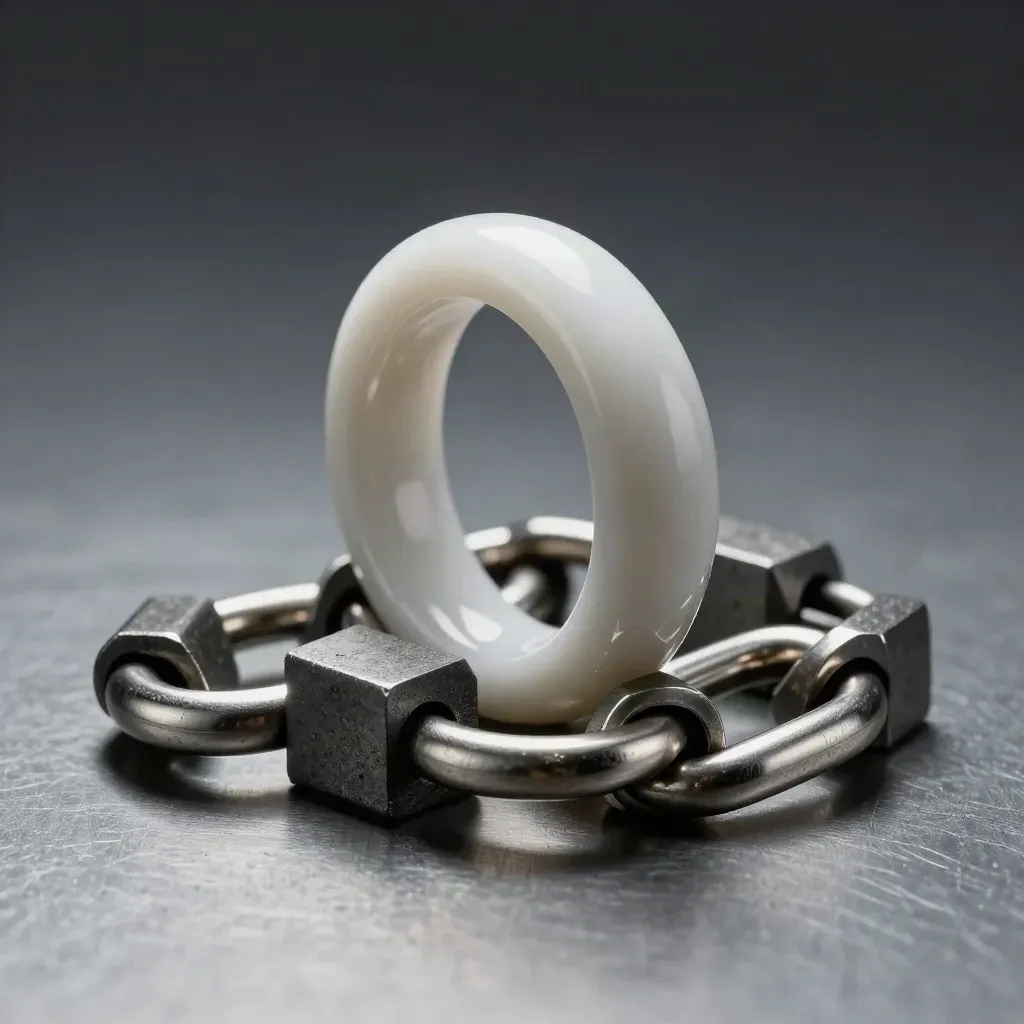 Graphite rings and connectors linked on brushed metal under hard side light.