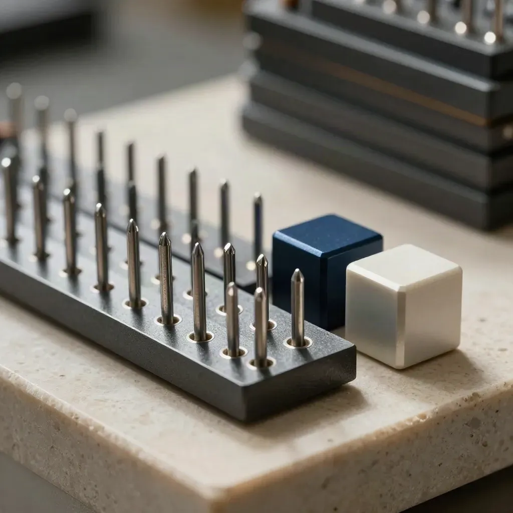 Macro still life of connector plates and alignment pins on a limestone surface, with navy accent.