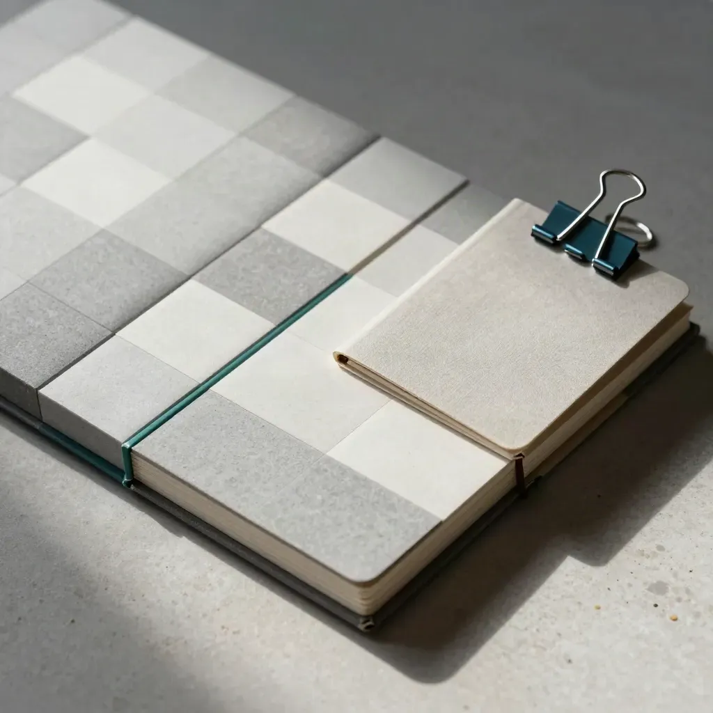 Top-down still life of modular paper blocks, a closed notebook, and binder clips on pale stone