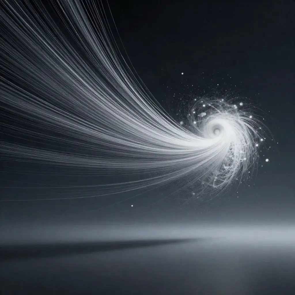 Silver filaments bloom in dark space with calm empty room for copy.