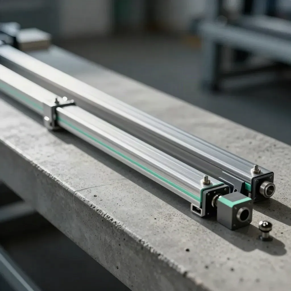 Overhead metal rails, spring clips and precision pins on concrete with a mint accent.